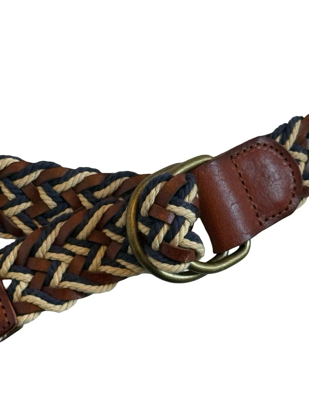 Lucky Brand Braided Leather Rope D Ring Belt Size 36 Brown Navy Cream Woven